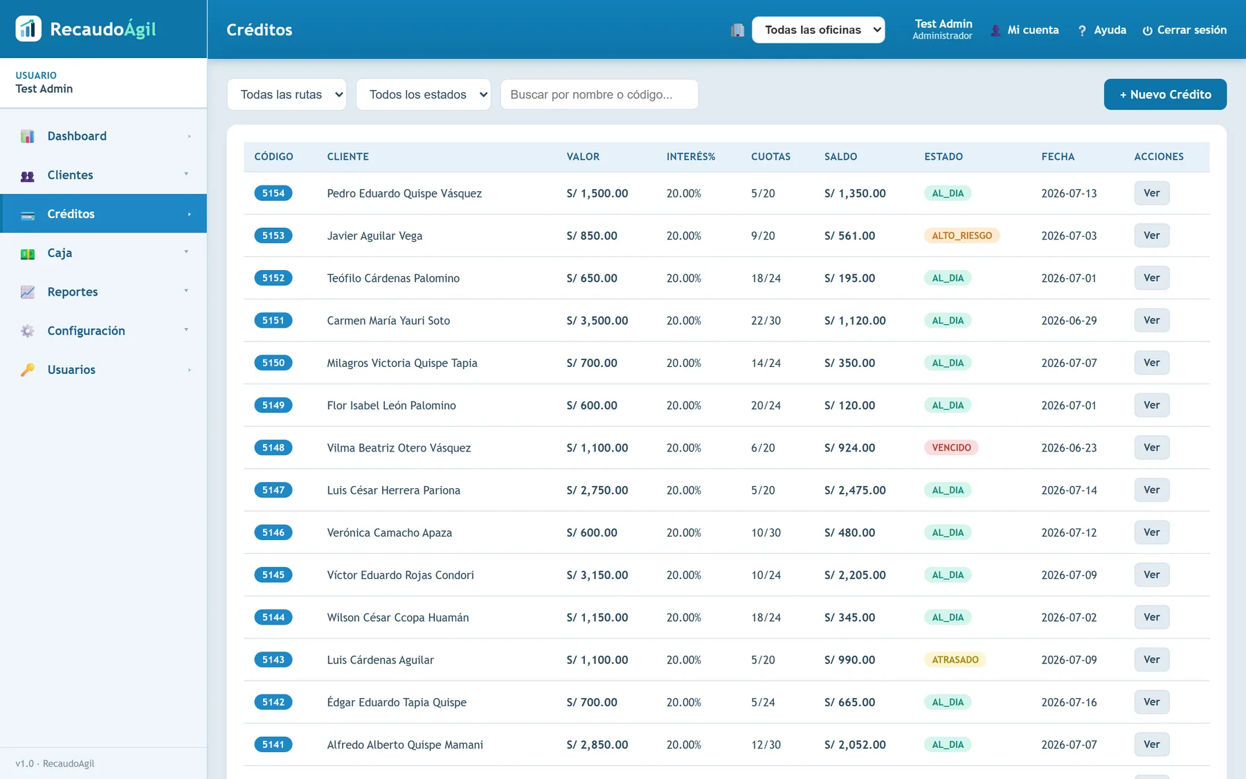 Listado de créditos con valor, interés, cuotas, saldo y estado por color.