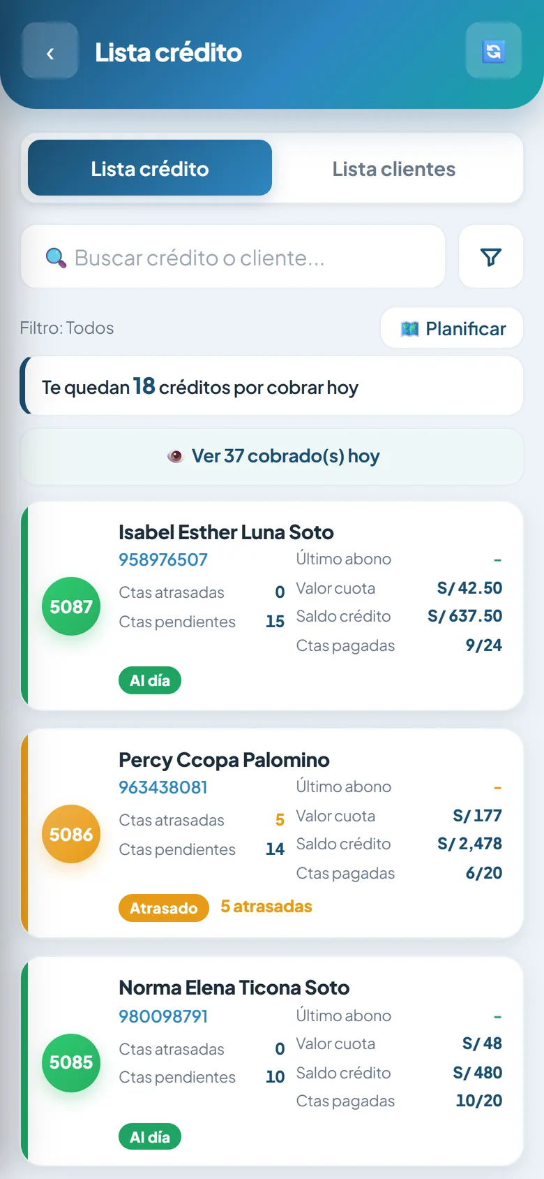 Lista de créditos por cobrar con el semáforo de mora en cada tarjeta.